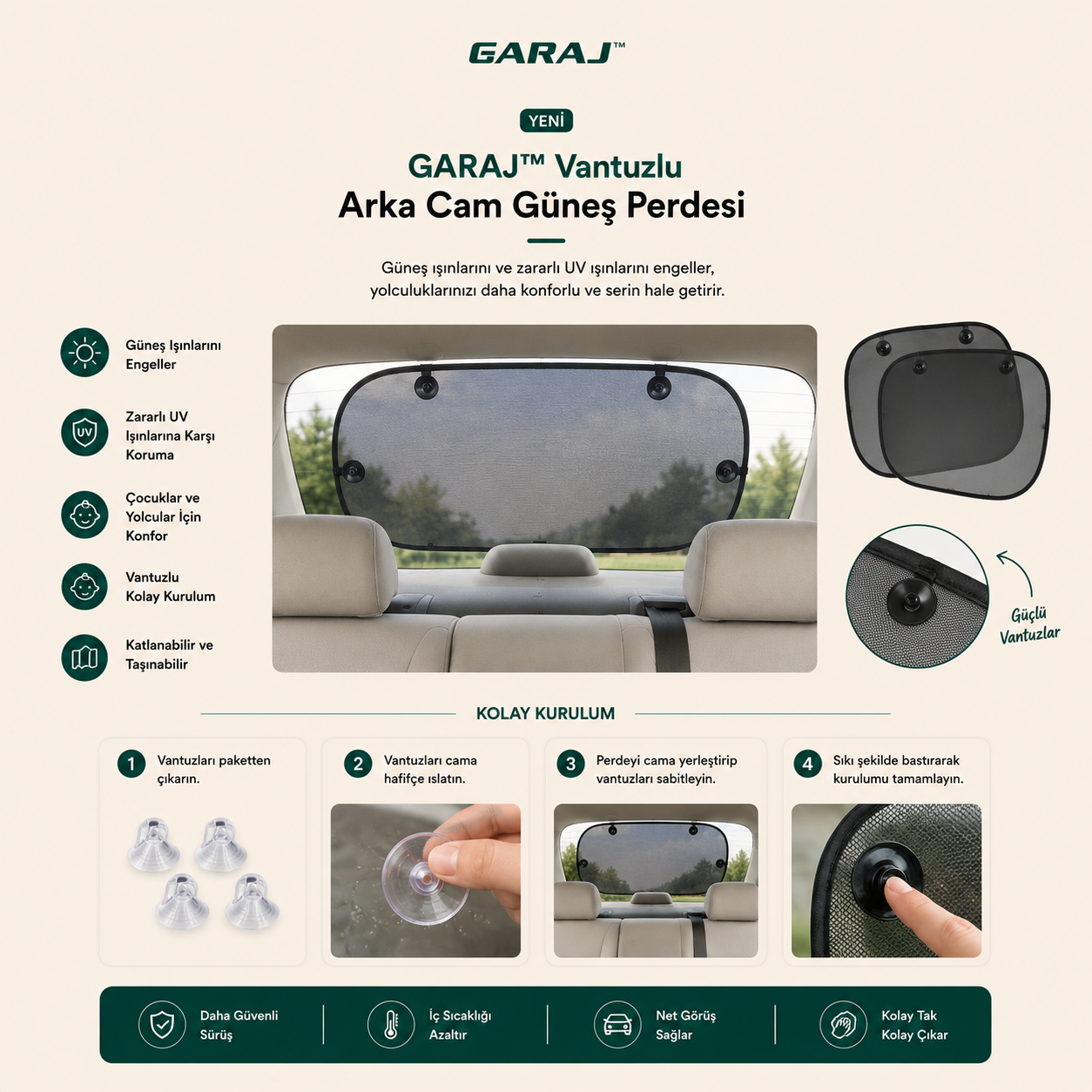 GARAJ™ Arka Cam Ve 2 Adet Yan Cam Güneş Perdesi