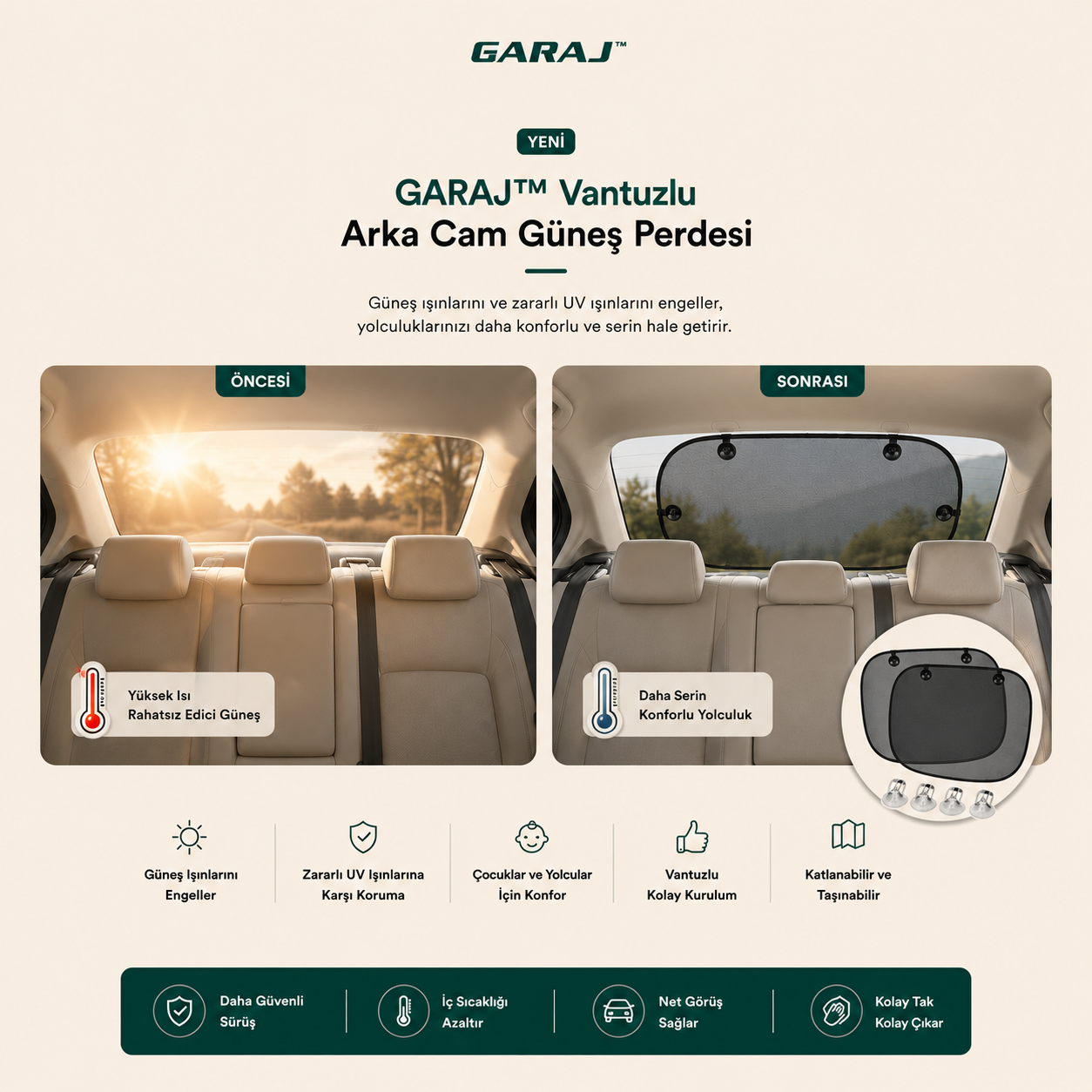 GARAJ™ Arka Cam Ve 2 Adet Yan Cam Güneş Perdesi