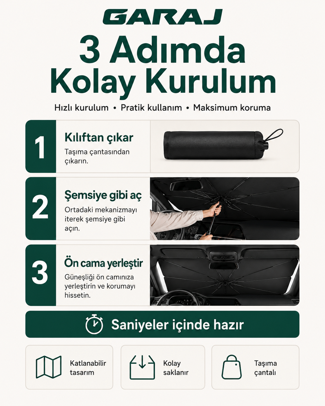 GARAJ™ | Katlanabilir Araç Ön Cam Güneşliği